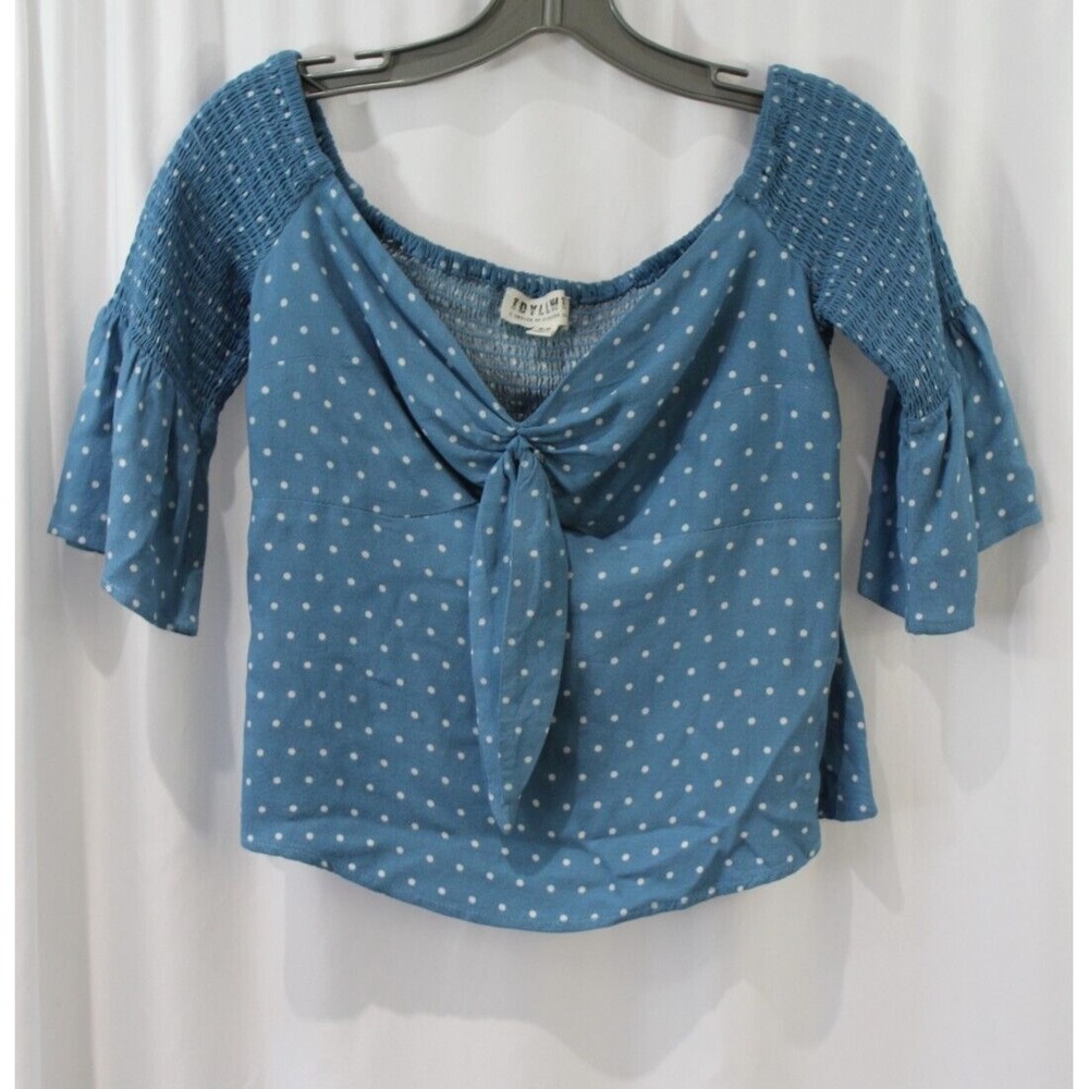 Idyllwind Womens Blue Polka Dot Smocked Crop Top S